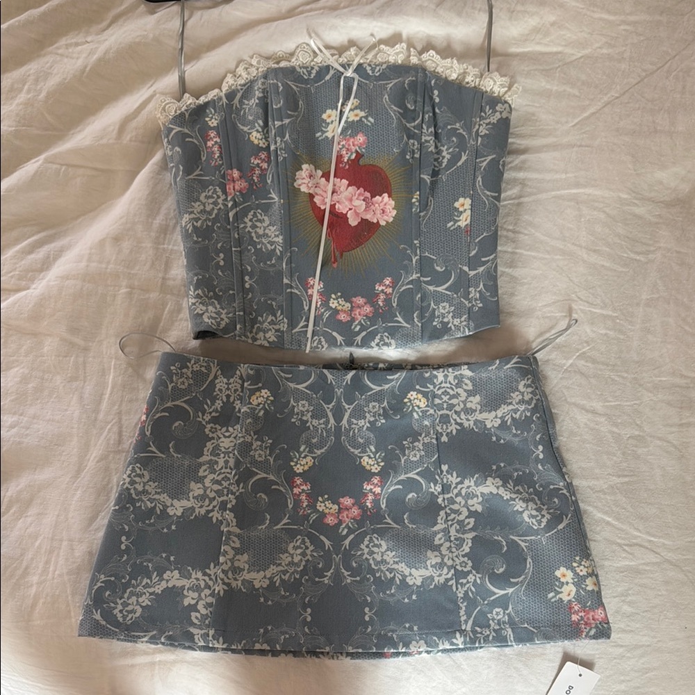 With Jean Blue Floral Corset Top & Mini Skirt